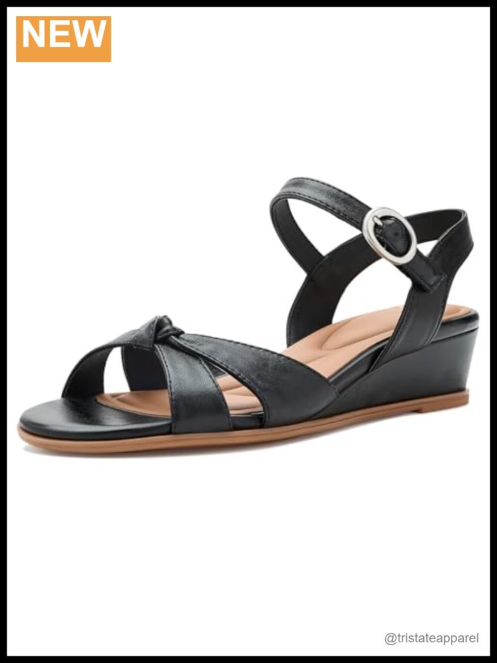 Leather wedge sandal with ankle strap, foam insole